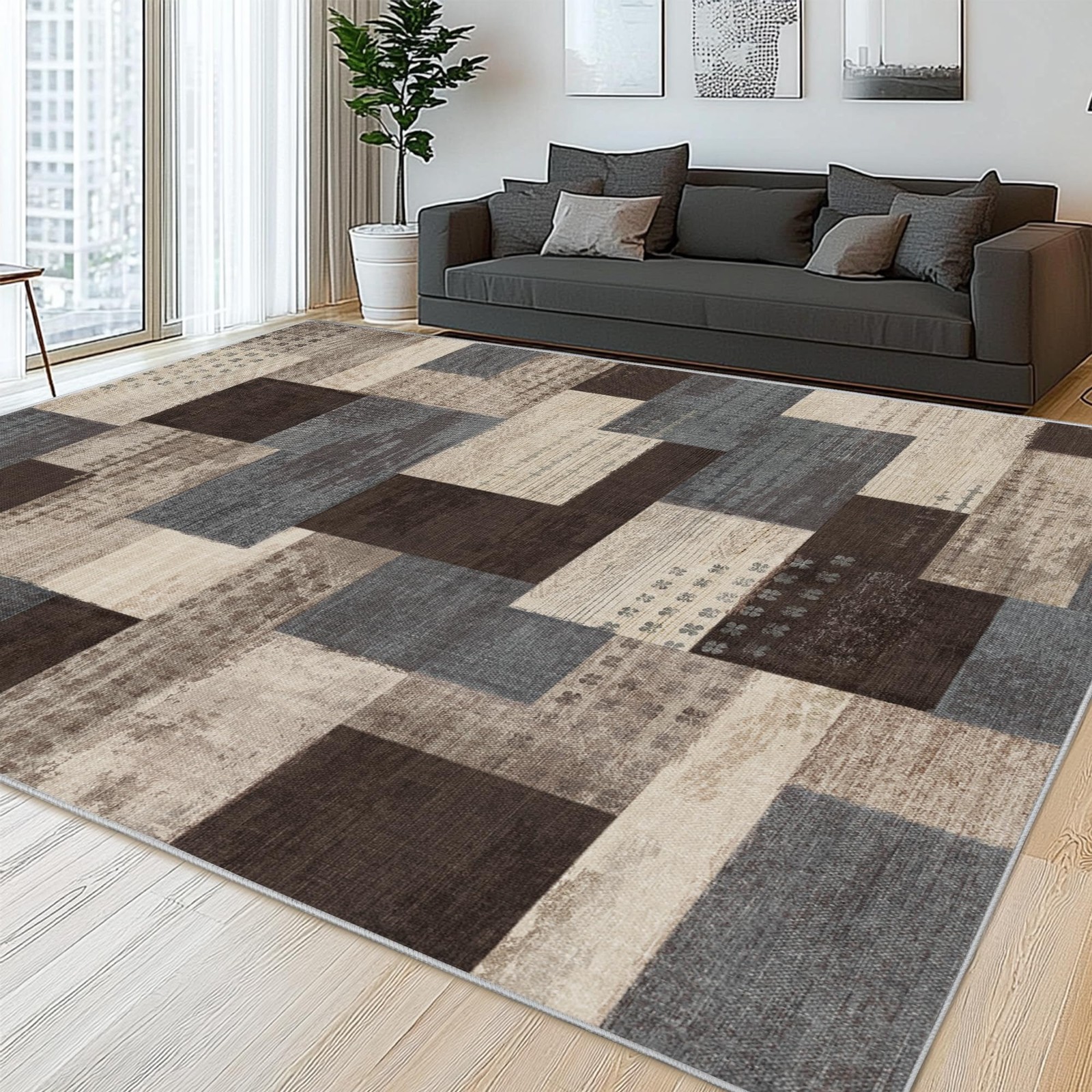 Area Rug 8 x 10 Modern Geometric Patchwork Blue Taupe QDUIDU Indoor Living Room gallery
