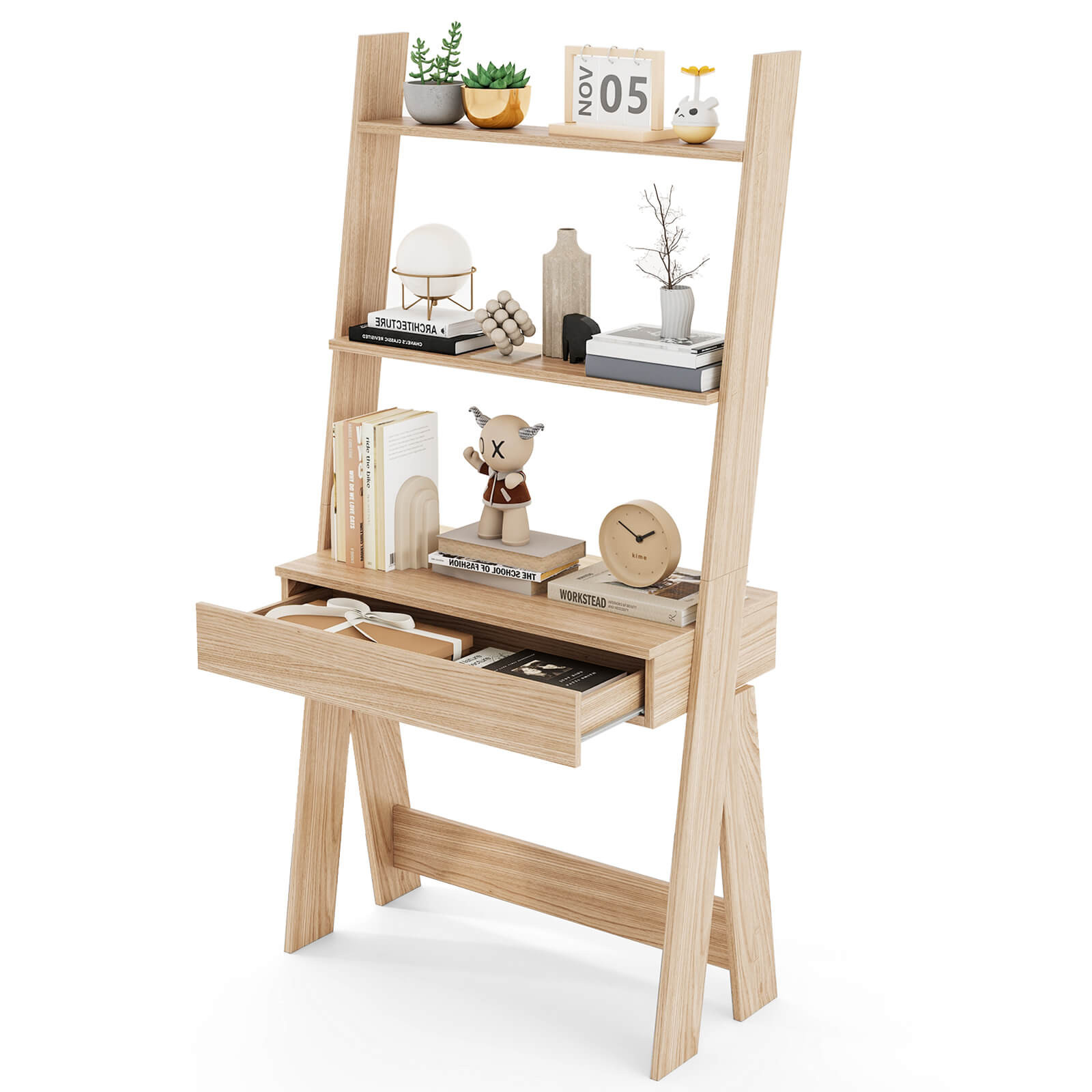 Ladder Desk with Drawer Free Standing Bookcase Leaning Utility Organizer Shelves gallery