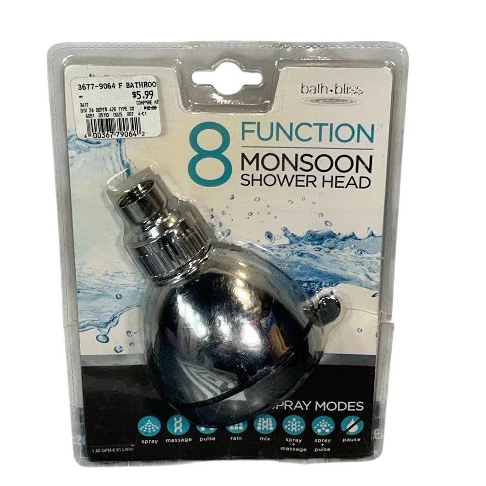 Bath Bliss 8 Function Monsoon Showerhead #3417 New