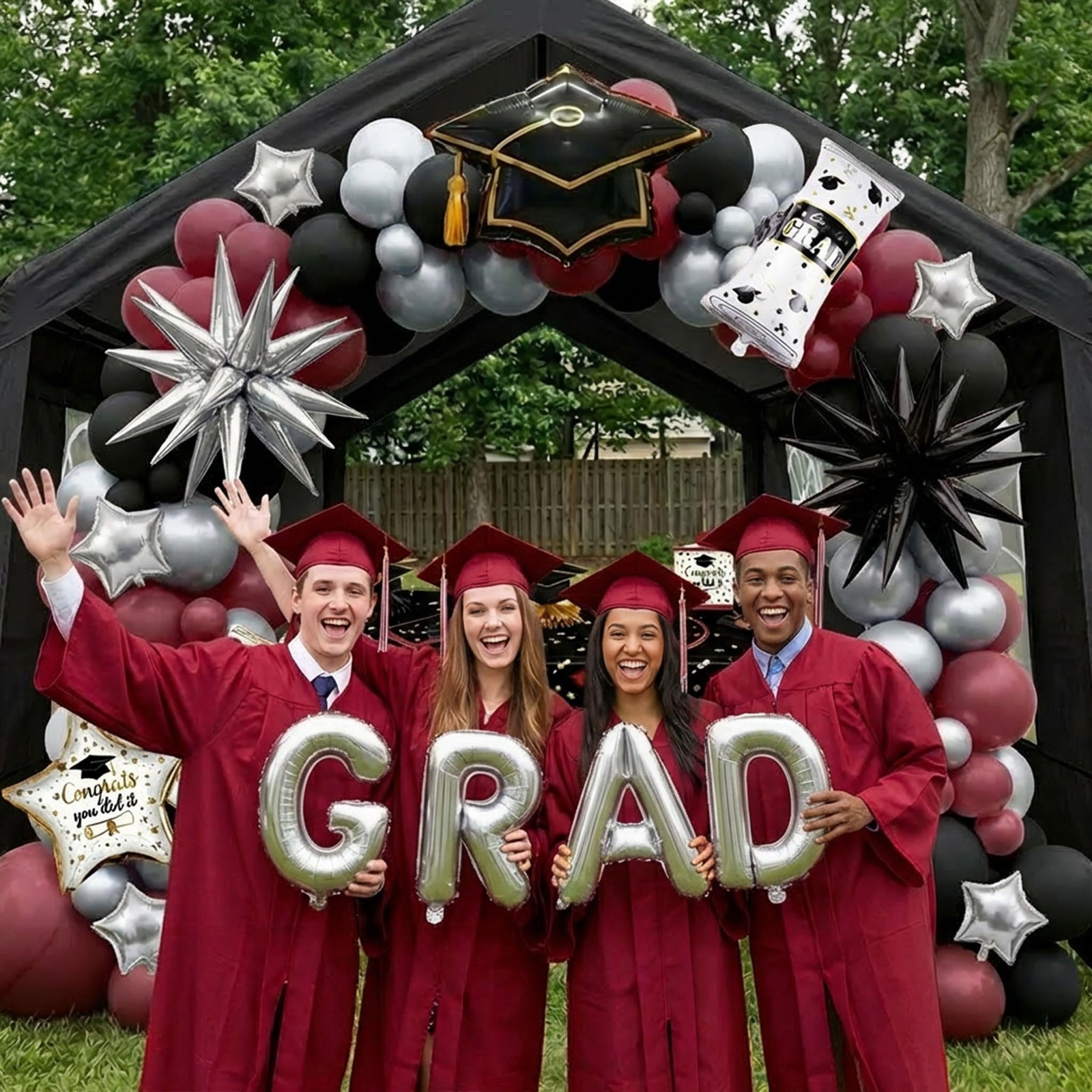 Partymigo Maroon Black Silver Graduation Balloon Garland Arch Kit Graduation gallery