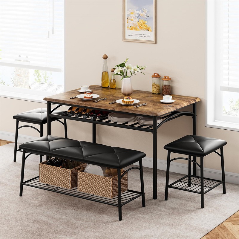 4pcs Kitchen Table Set with Upholstered Bench and Square Stools Dining Table gallery