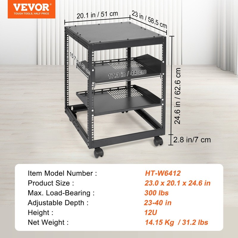 12U Open Frame Server Rack, 23-40 in Adjustable Depth, Free Standing or Wall Mou gallery