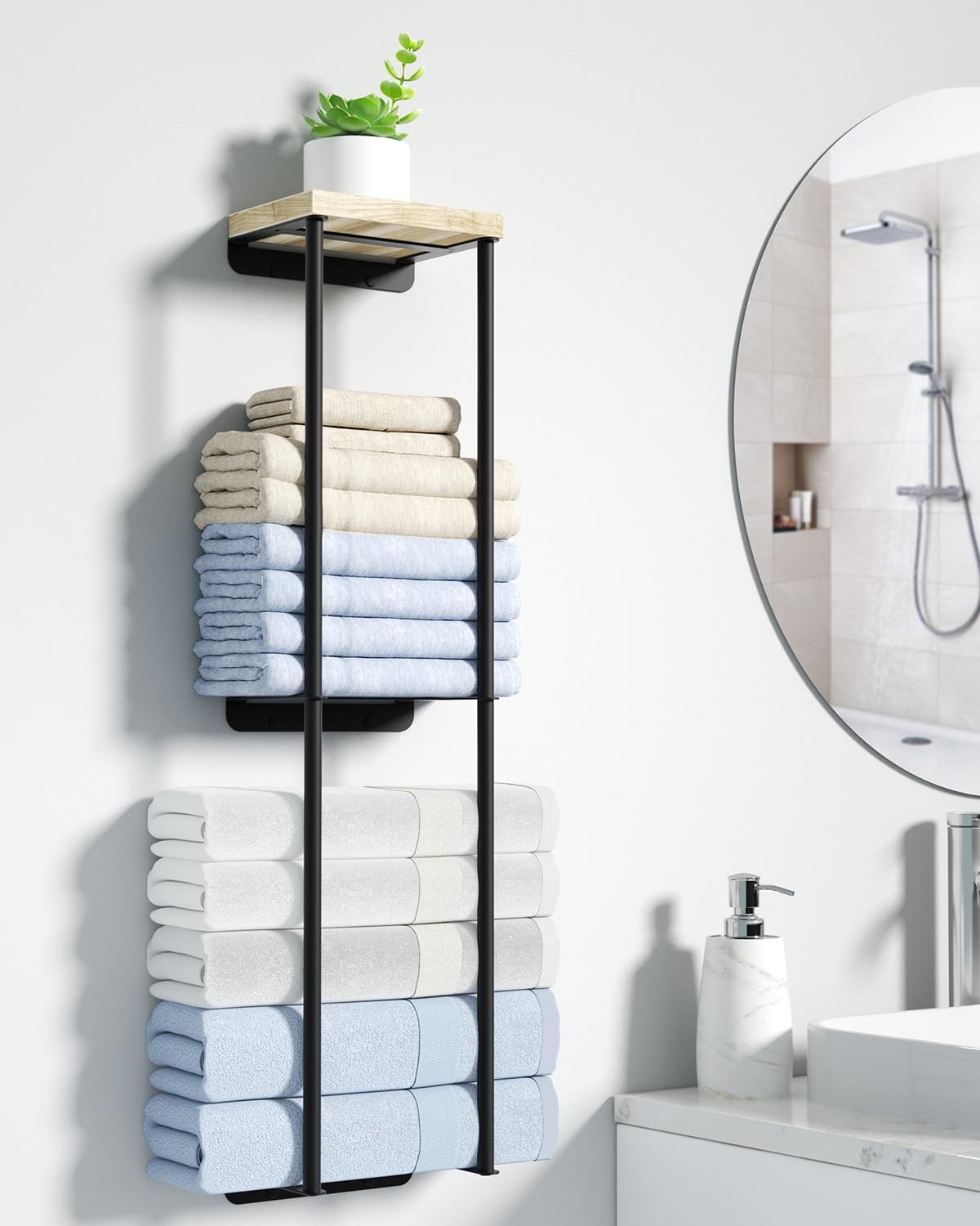 Towel Racks for Bathroom, 2 Tier Wall Towel Holder with Wood Shelf, Metal Wal... gallery