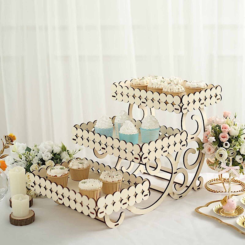22 in Natural 3 Tier Laser Cut Rectangle Wooden Cupcake DESSERT STAND Events gallery