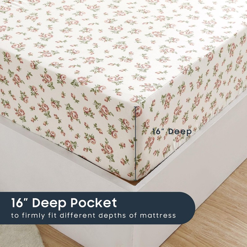 Wake In Cloud Floral Bed Sheets, 4Piece Sheet Set, Shabby Chic Flower Rose P... gallery