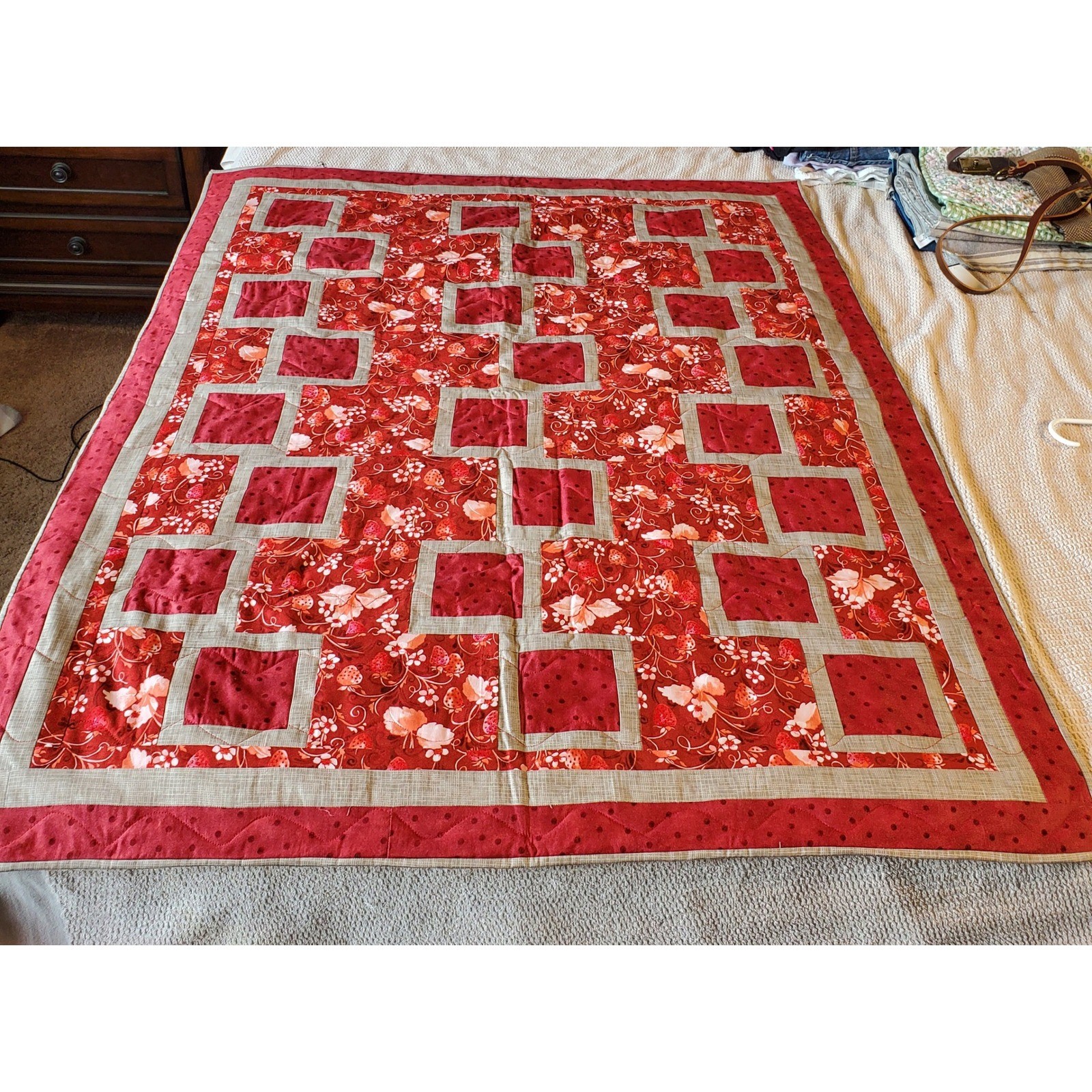 Handmade Strawberry Floral Quilted Throw Blanket Red & Tan lap quilt gallery