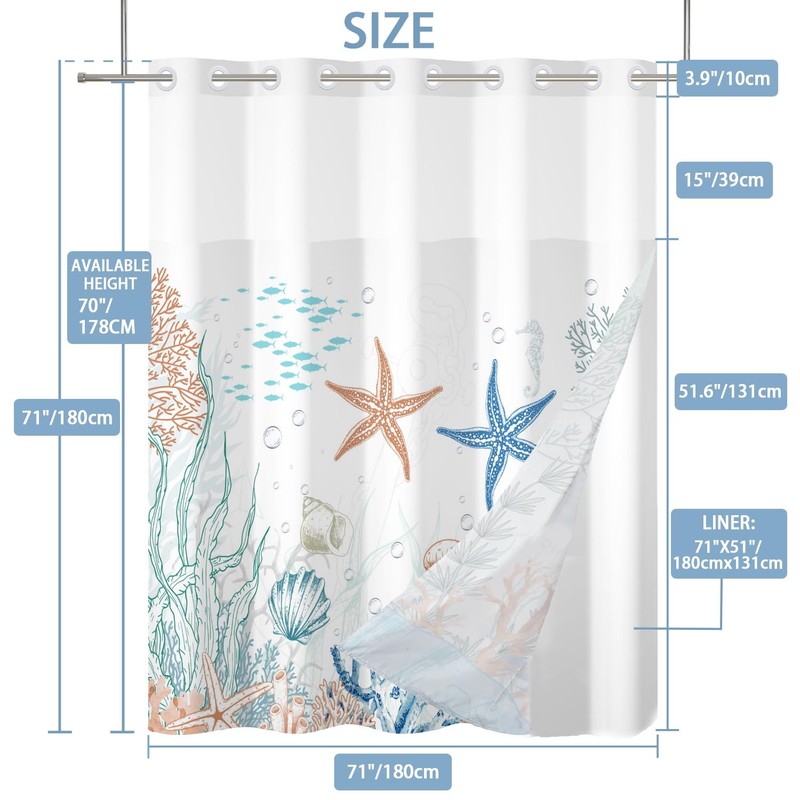 Hookless Ocean Shower Curtain with Snap in Liner Set - 71 x 71Inches Waterpro... gallery