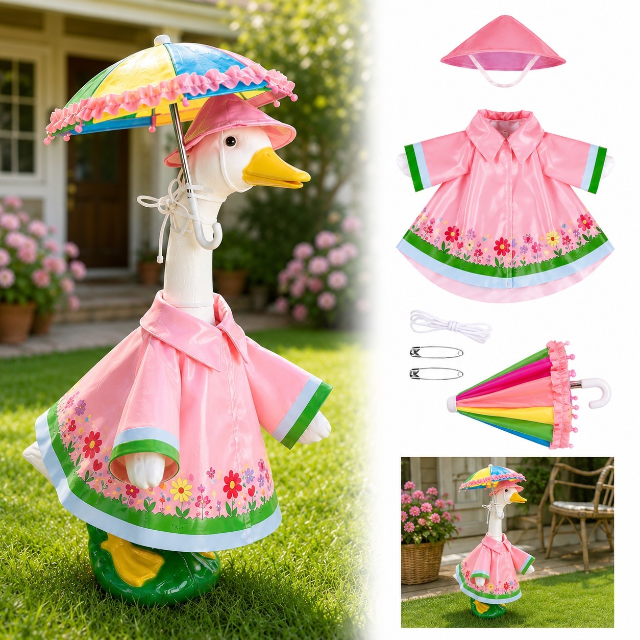 3Pcs Raincoat Porch Goose Outfits Summer Pink Lawn Goose Statue Raincoat Costume gallery