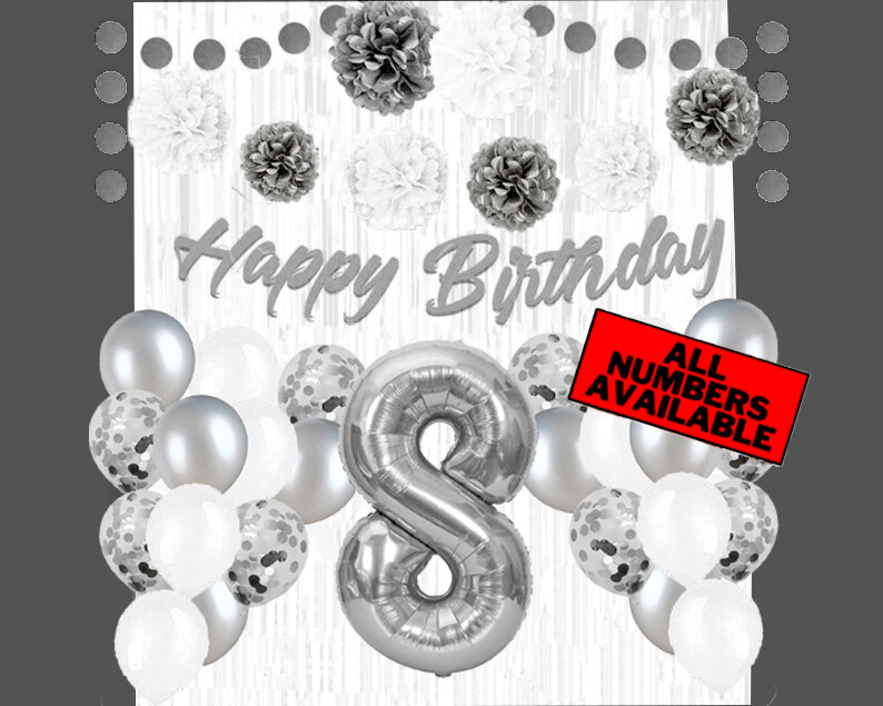 Silver & White 8th Birthday Decorations - 40" Number Balloons &More- Boy or Girl gallery