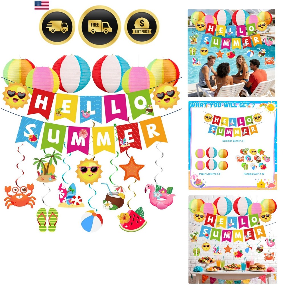 Summer Party Decorations Kit Beach Pool Party Decorations Banner Swirls Lanterns