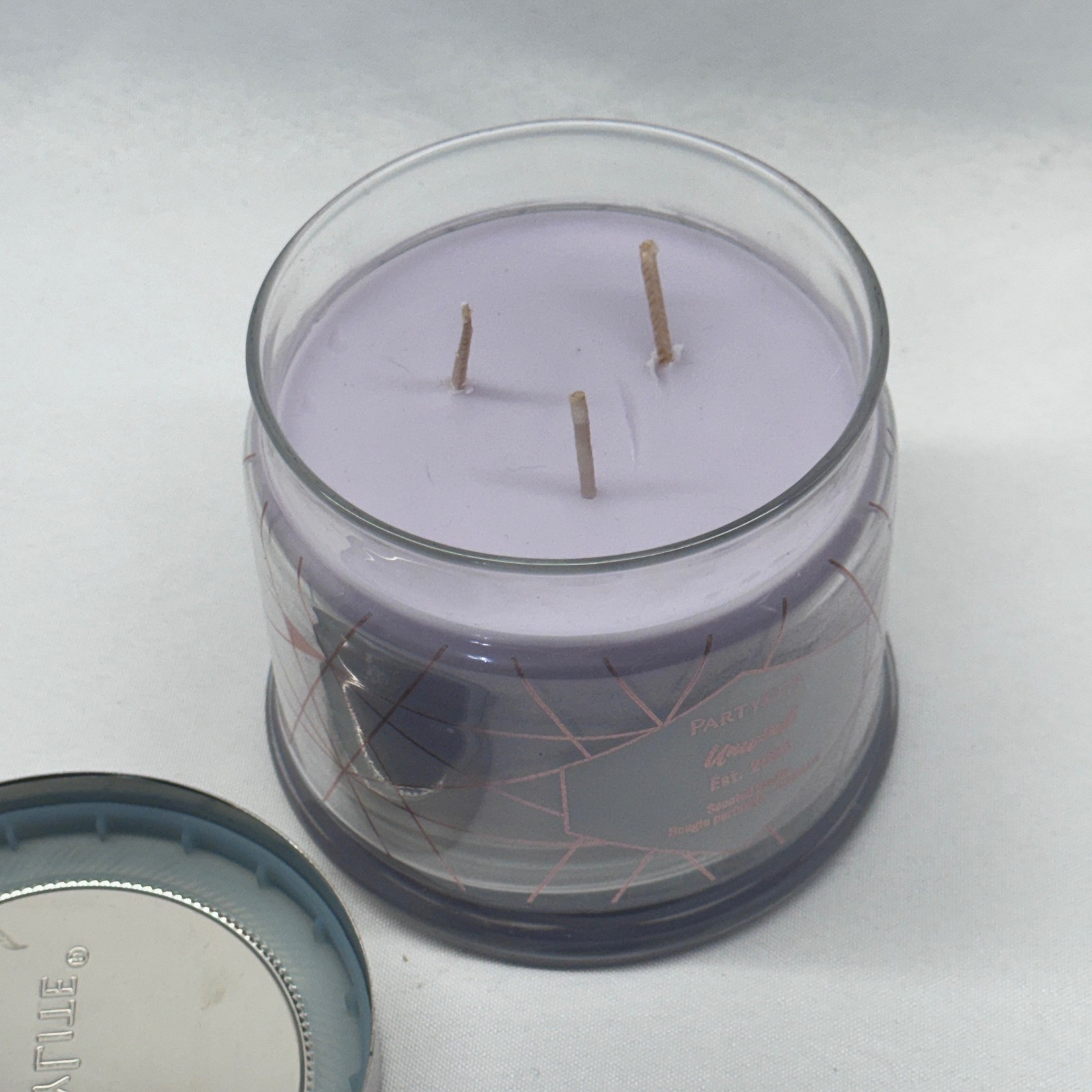 PartyLite Unwind 3-Wick Scented Candle Purple Geometric Jar G73675 Relaxing Spa gallery