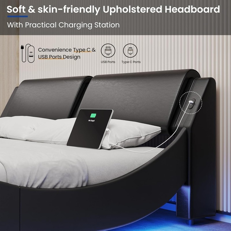 King Size Bed Frame with Headboard,Charging Station,Led Lights Upholstered Beds gallery