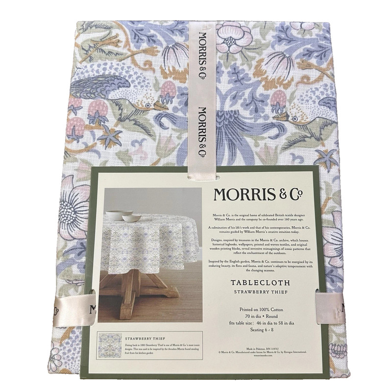 William Morris & Co Strawberry Thief Floral Tablecloth 70" Round Birds Flowers gallery