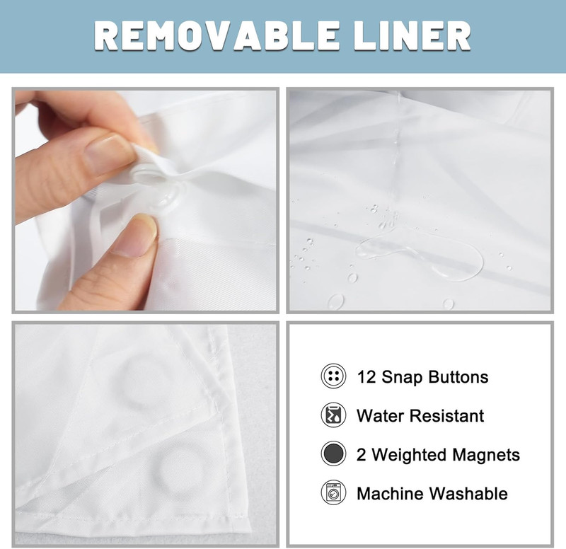 No Hook Grey White Striped Shower Curtain with Snap in Fabric Liner Set - Hotel gallery
