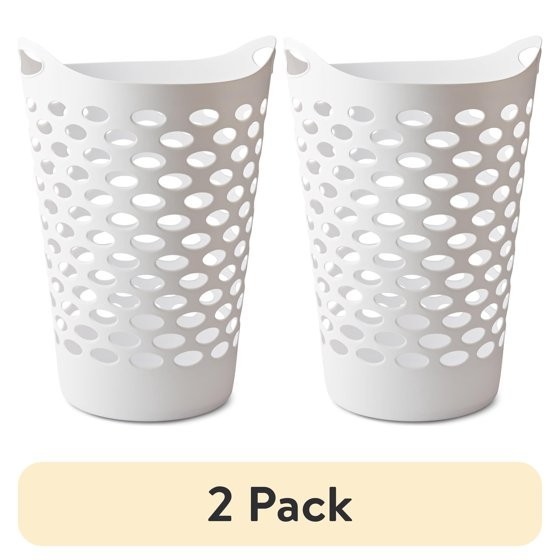 (2 pack) Mainstays Plastic Round Laundry Hamper, White, with Carrying Handles gallery