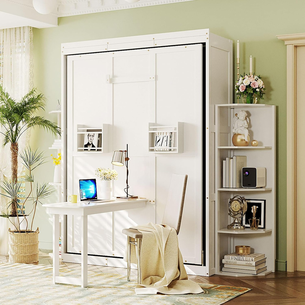 Queen Size Rotating Murphy Bed with Storage & Convertible Desk - White