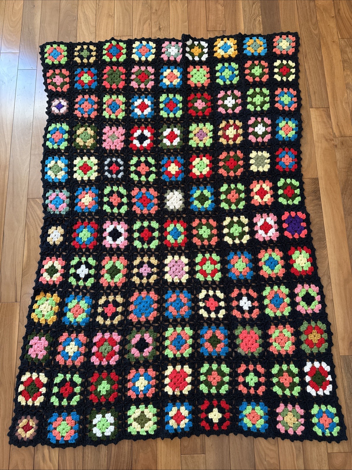 Handmade Vtg Crochet Granny Square Afghan Blanket Black 42x60 Multicolor 1970s gallery