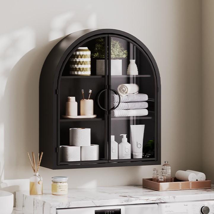 Fully Assembled 3-Tier Bathroom Storage Cabinet with Double Tempered Glass Doors gallery