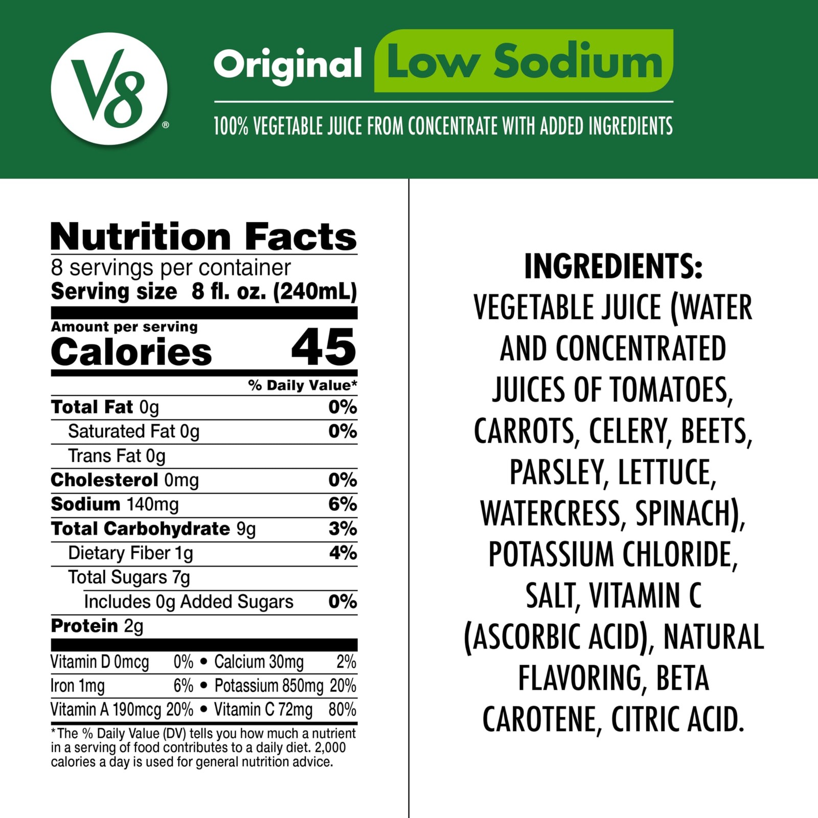 V8 Low Sodium Original 100% Vegetable Juice, 64 fl oz Bottle (6 Pack) gallery