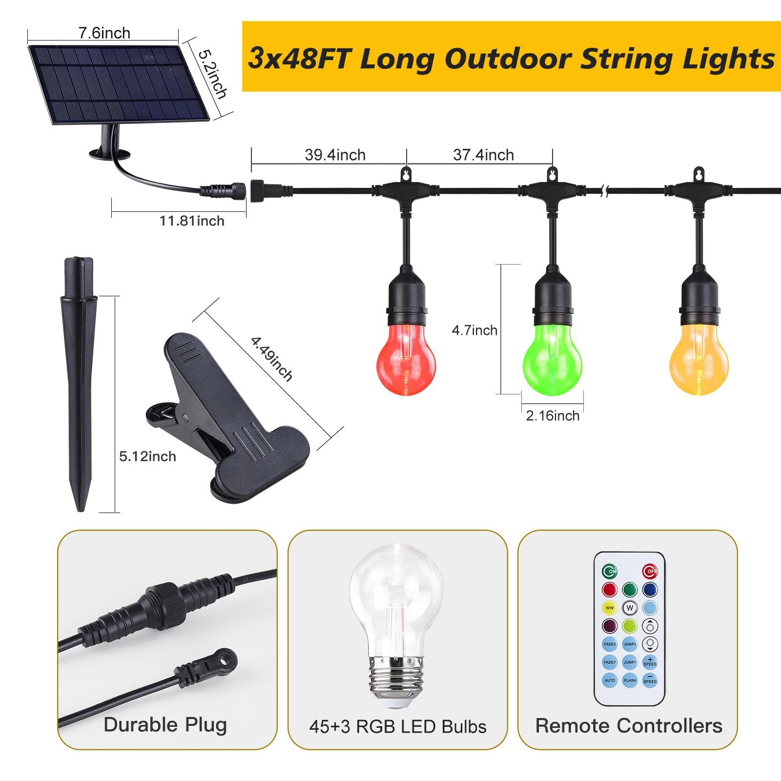 144FT Solar RGB String Lights Outdoor, Dimmable Waterproof LED Patio Lights w... gallery
