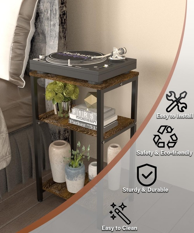 3 Tier Side Table Rustic Brown Black Narrow Nightstand End Table with Shelves gallery