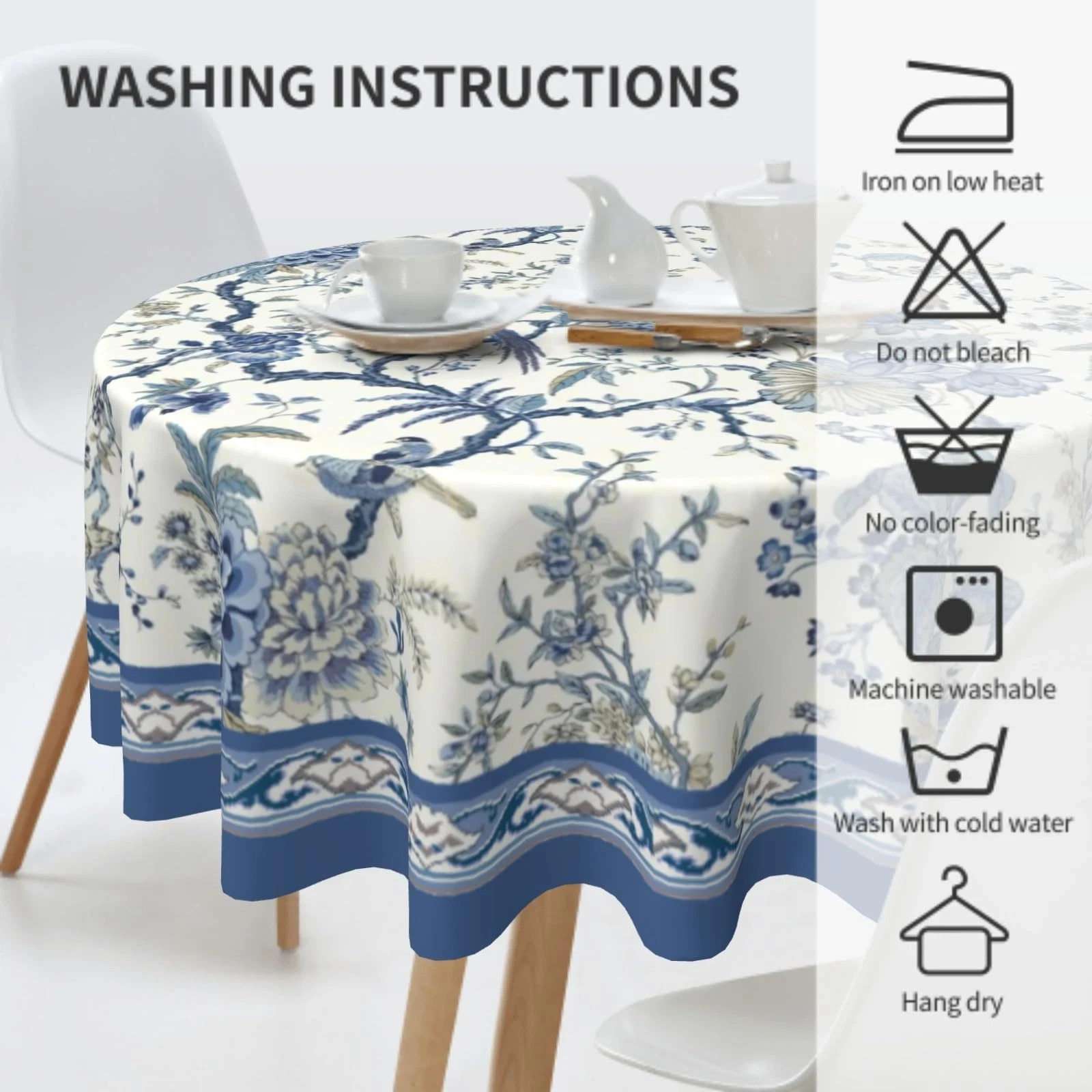 Chinoiserie Tablecloth Round 60Inch, Blue White Flowers Birds Table Cloth, Cl... gallery