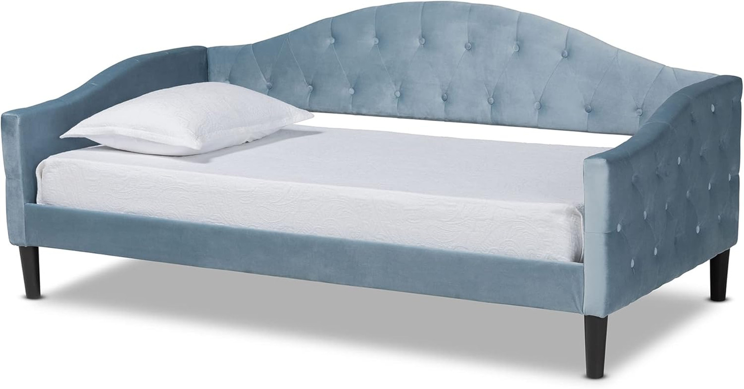 Light Blue Velvet Twin Daybed with Dark Brown Wood Finish gallery