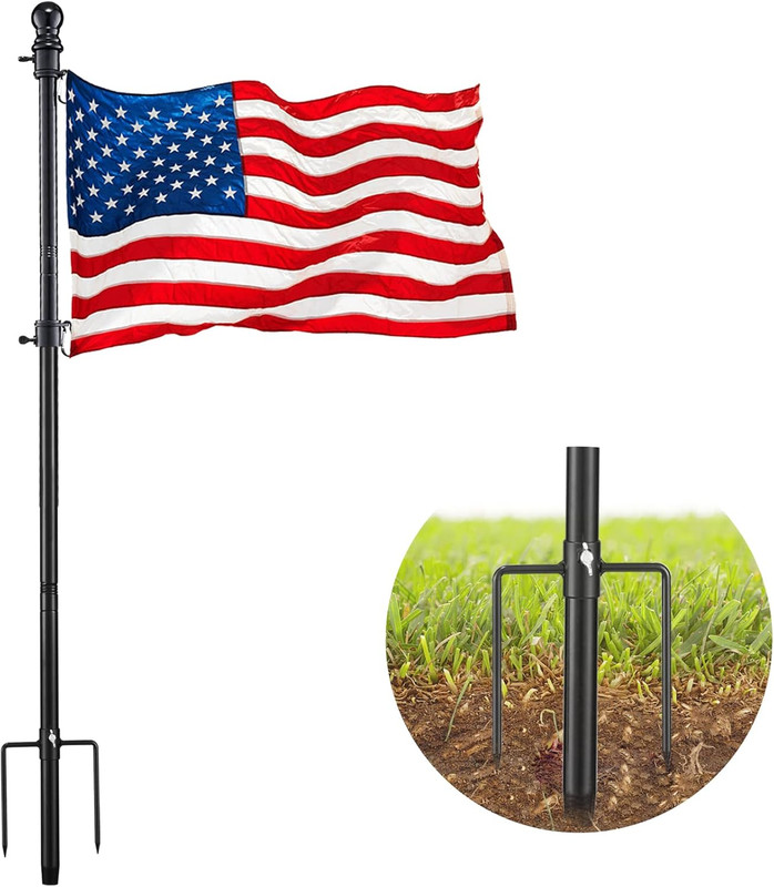 Black Flag Poles for outside in Ground - 8FT Flag Pole for House with 2 Pronges gallery