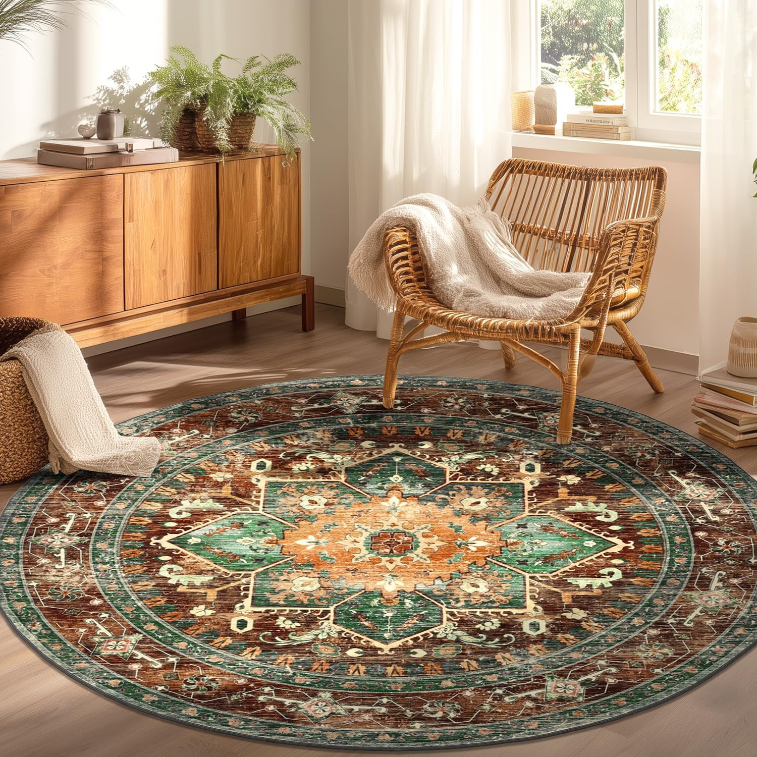6FT Round Washable Boho Area Rug, Non-Slip Soft Faux Wool for Home & Office gallery
