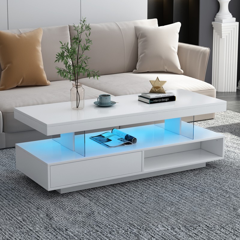 LED Coffee Table with 2 Storage Drawers and Open Shelves High-Gloss Center Table gallery