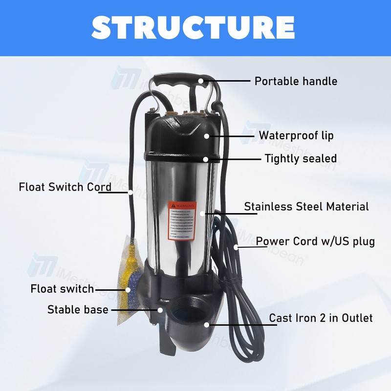 1.5HP Sewage Grinder Sump Pump W/Float Heavy Duty Stainless Steel 6000GPH 110V gallery