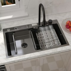 30″ Multi Purpose Kitchen Sink Stainless Steel Single Bowl W/ Waterfall Faucet