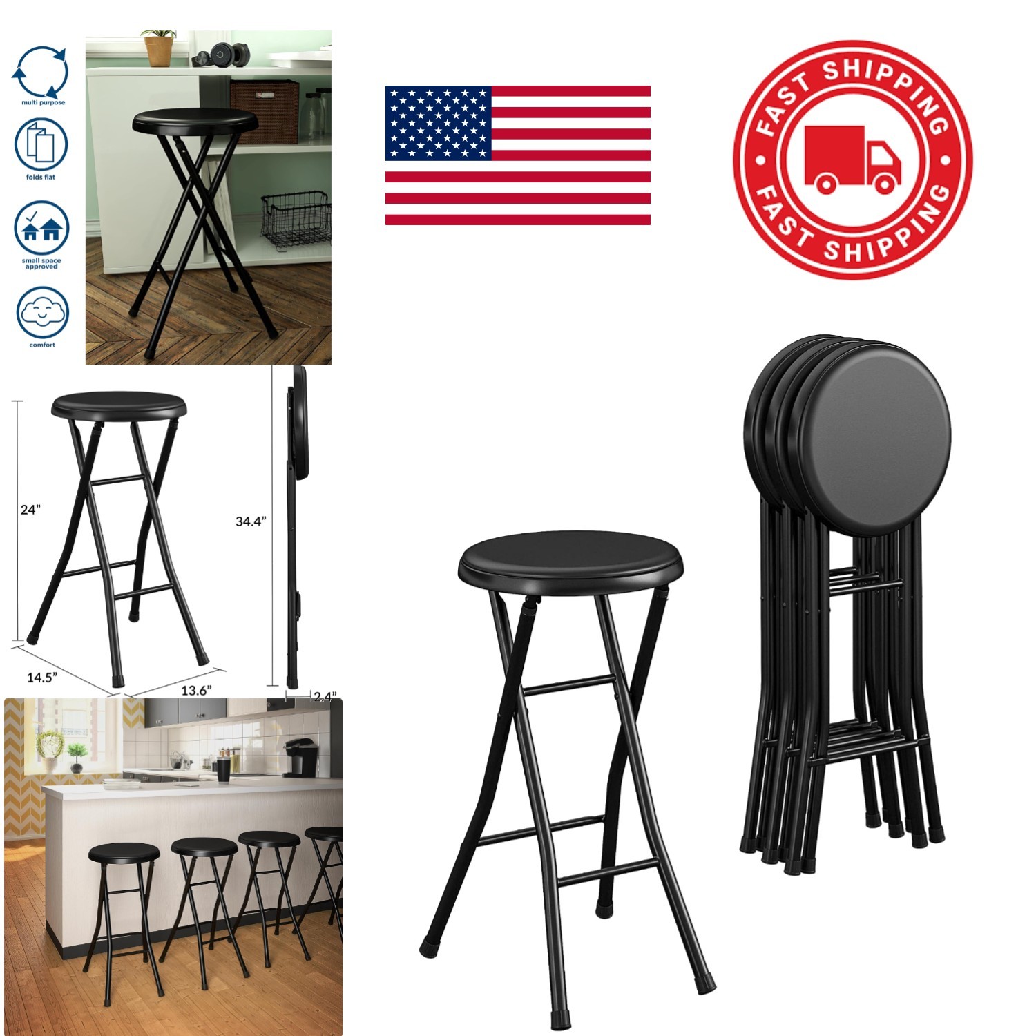 24 Inch Vinyl Padded Folding Stool Black 4 Pack Lightweight and Portable gallery