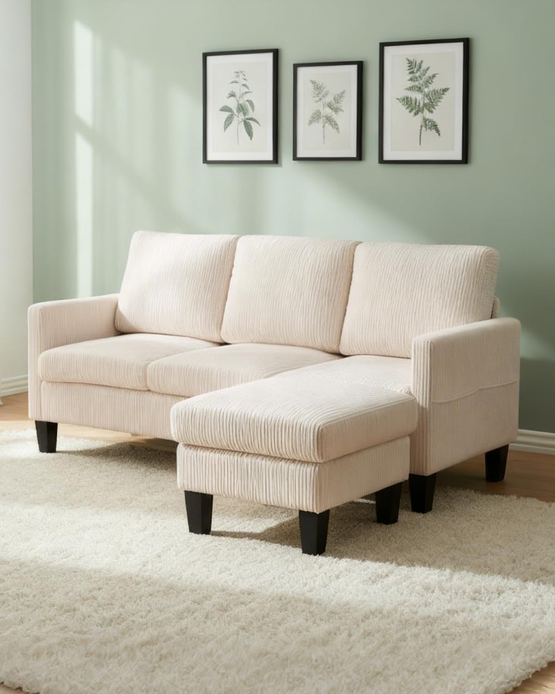 Small Sectional Couch L Shaped Sofa W/ Movable Storage Ottoman Corduroy