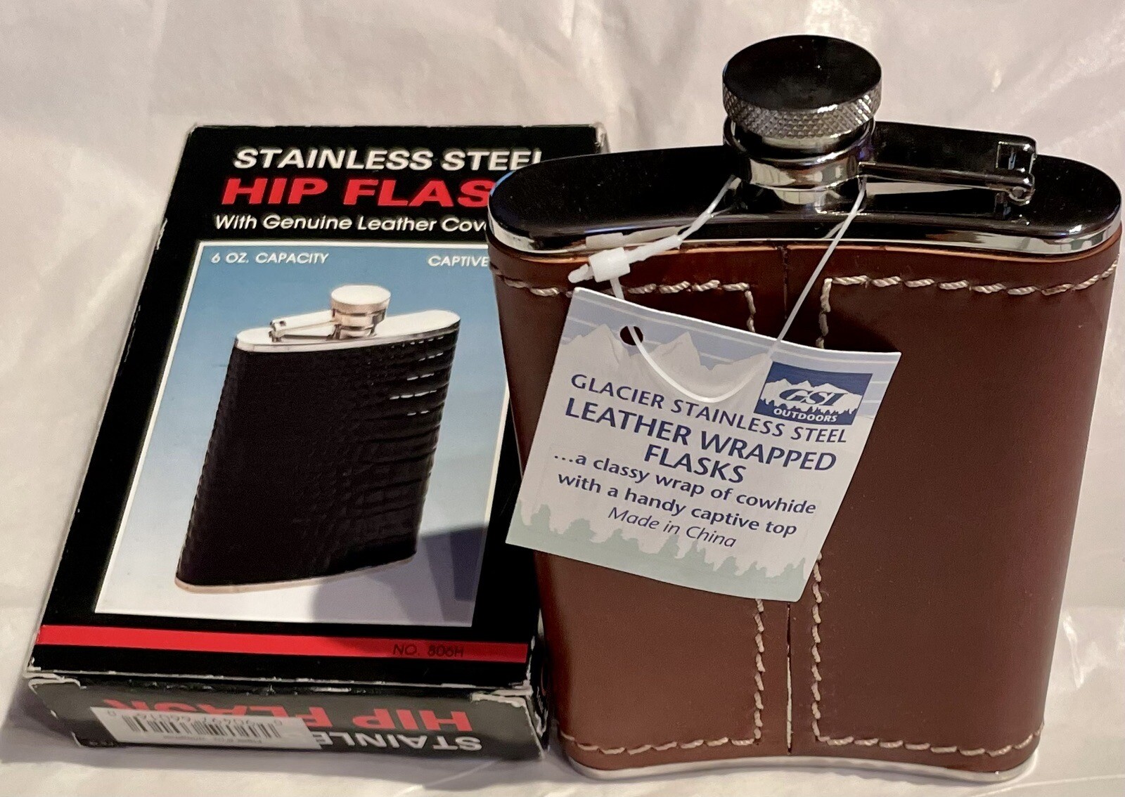 Stainless Steel 6oz Hip Flask With Genuine Brown Stitched Leather Covering New gallery