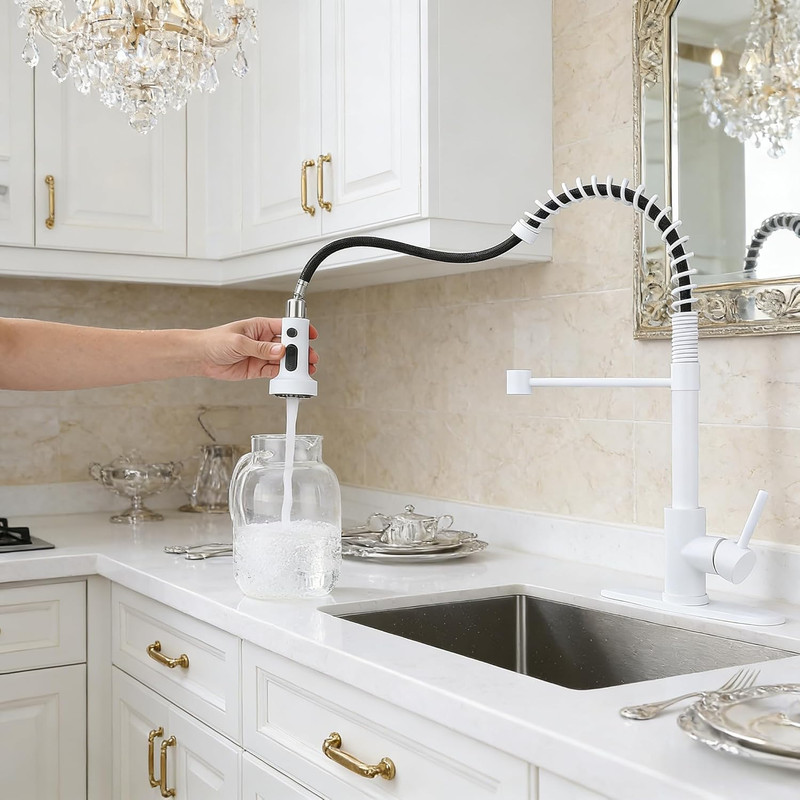 Stylish White Kitchen Faucet with Pull Down Sprayer for Farmhouse & RV gallery