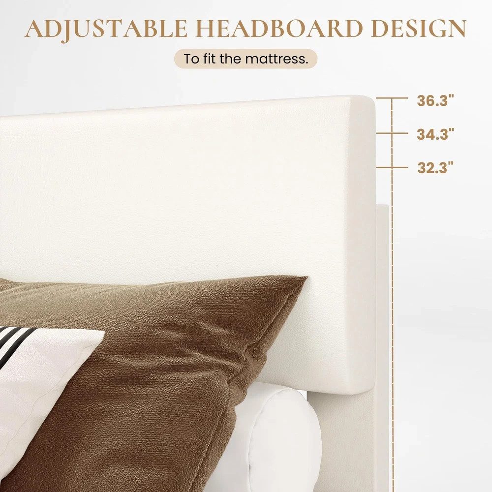 Queen Bed Frame Adjustable Headboard Faux Leather Platform Off White CERLIN Size gallery