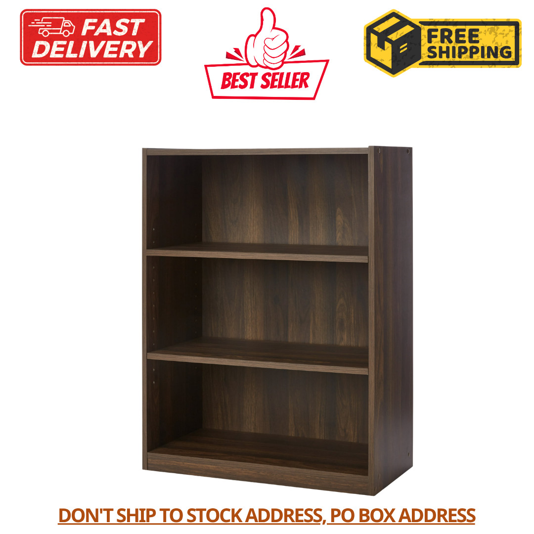 3 Shelf Wood Bookcase Wide Storage Display Bookshelf Adjustable Shelving Canyon gallery