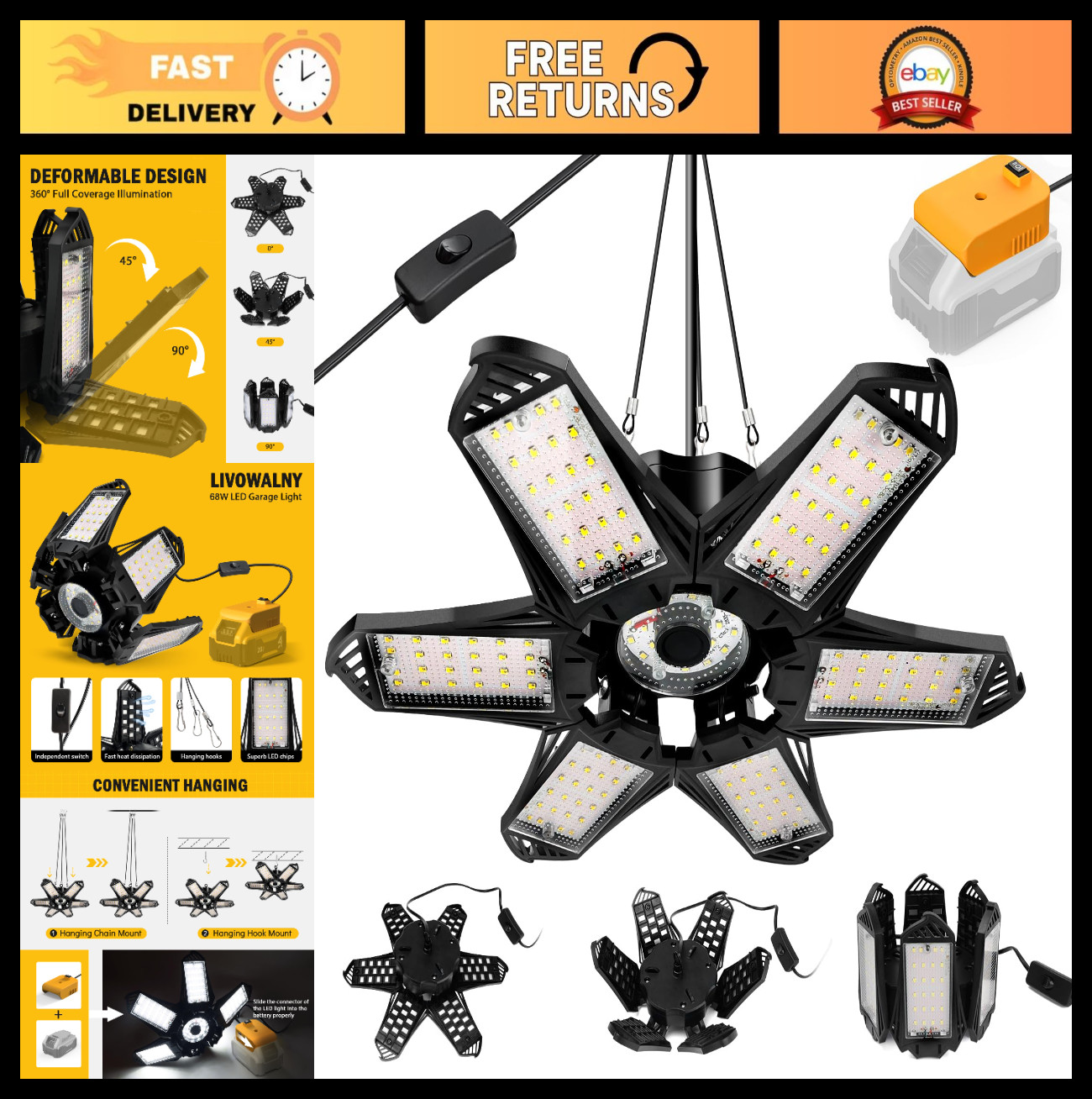 68W LED Work Light, 6800LM Garage Flood Light, 6+1 Deformable Panels, Battery Po gallery