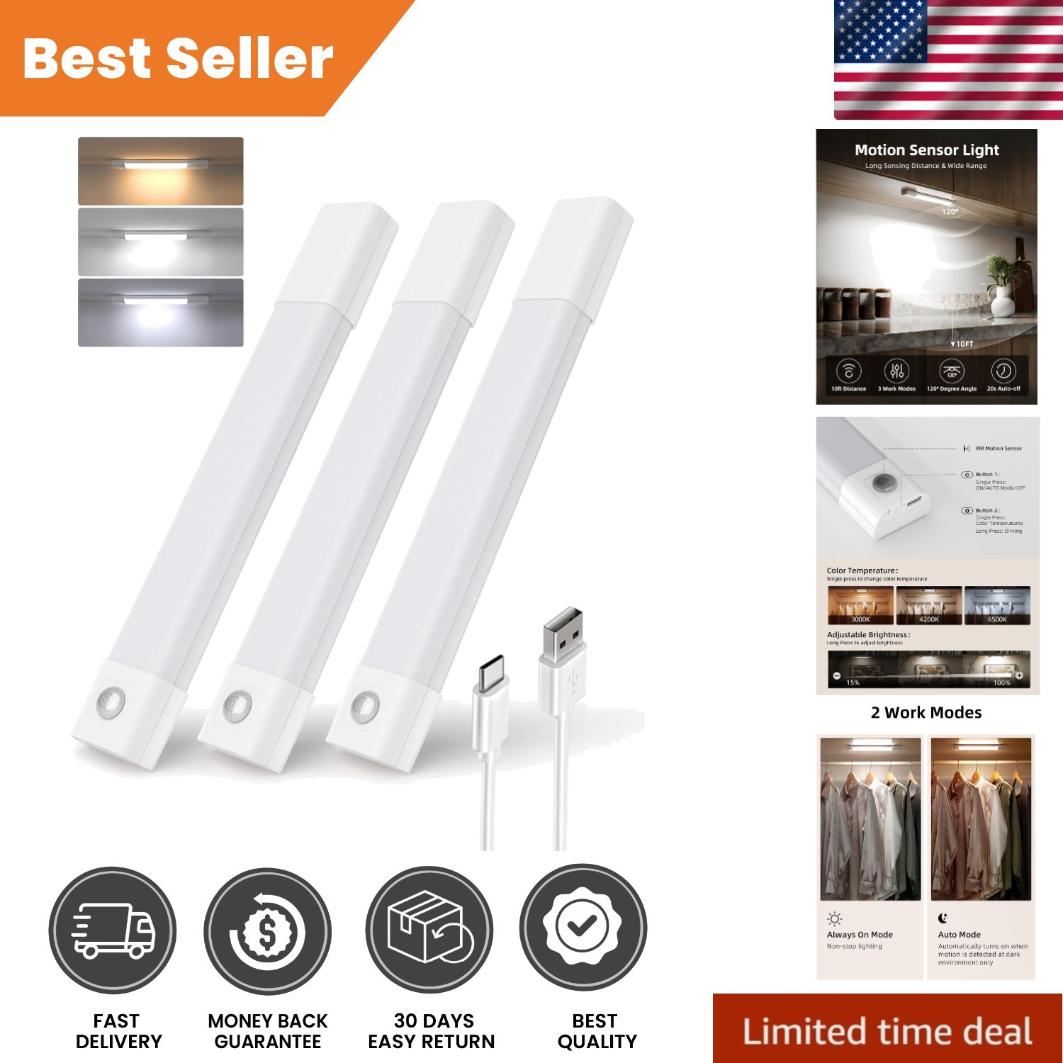 Smart Magnetic Under Cabinet Lighting with Rechargeable Motion Sensor – 3 Pack gallery
