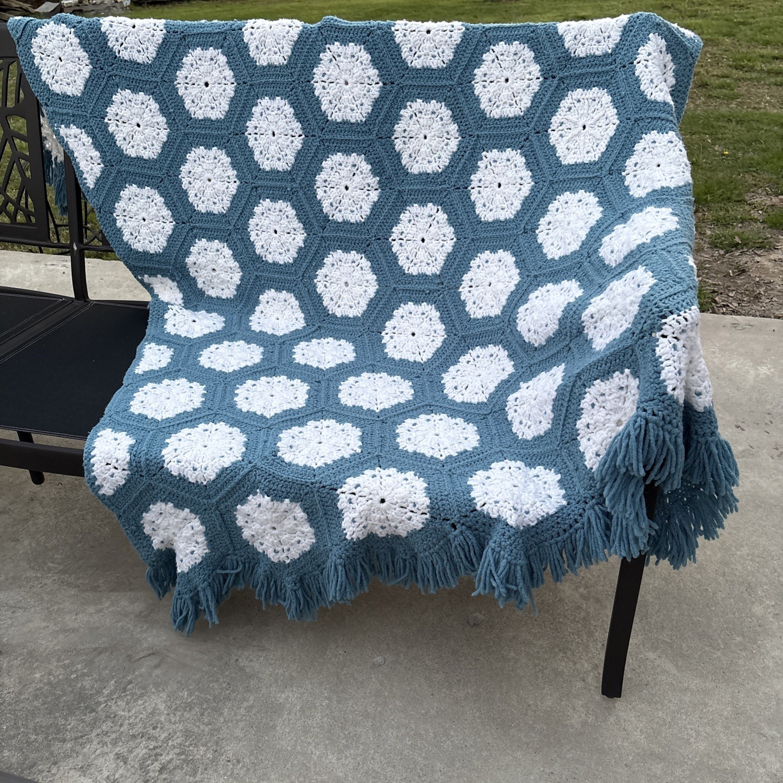 Handmade Crochet afghan Hexagon Pattern Blue and White. 47in. x 72 Granny Core gallery
