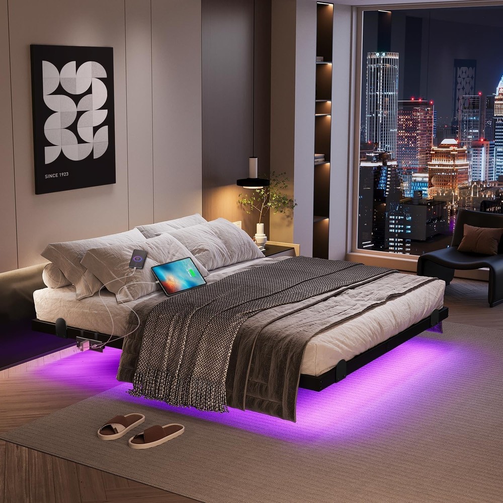 Floating Bed Frame with LED Lights and Charging Station, 14 Inch King Size Float