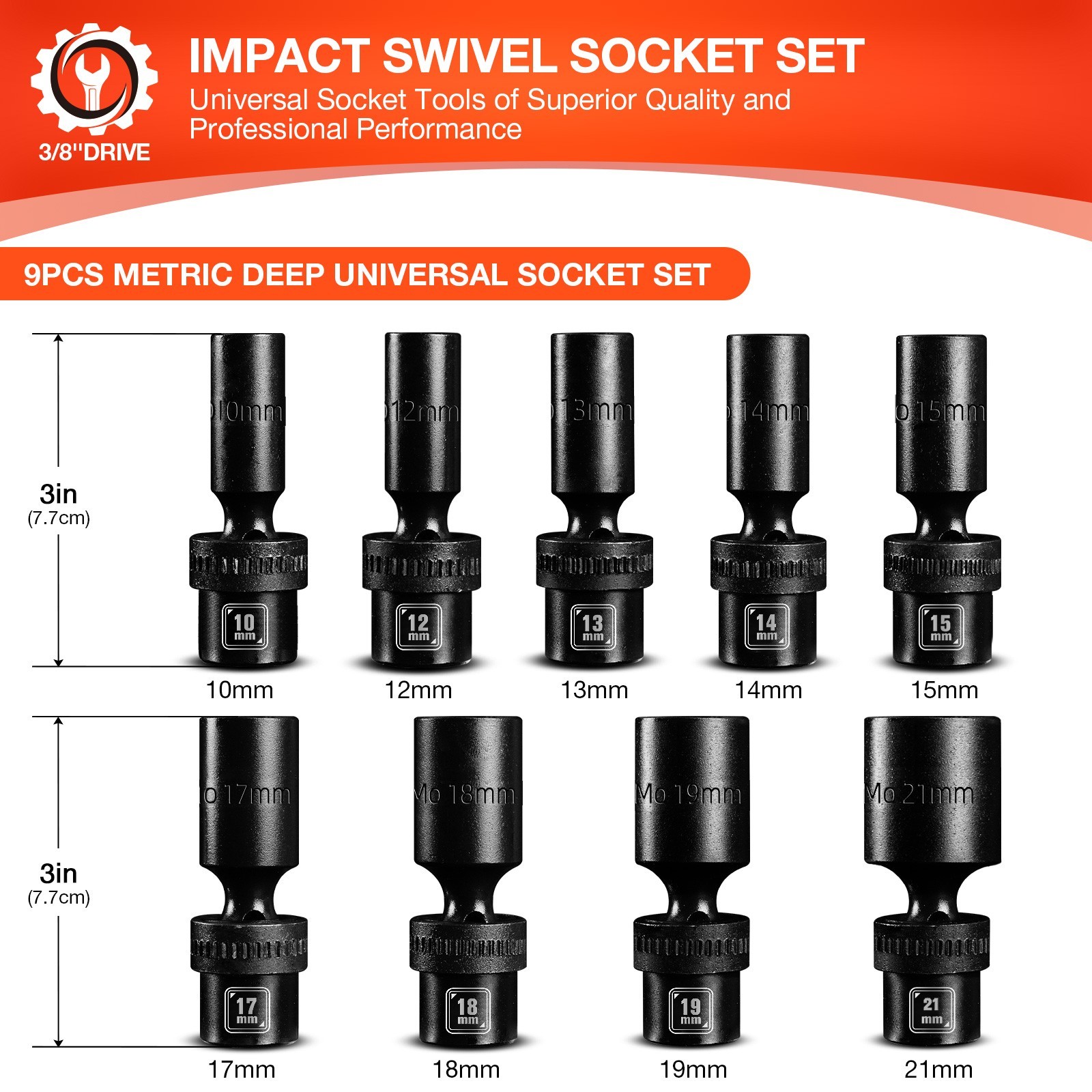 3/8" Drive Deep Impact Swivel Socket Set, 9 PCS 10-21mm Flexible Wobble Socket gallery