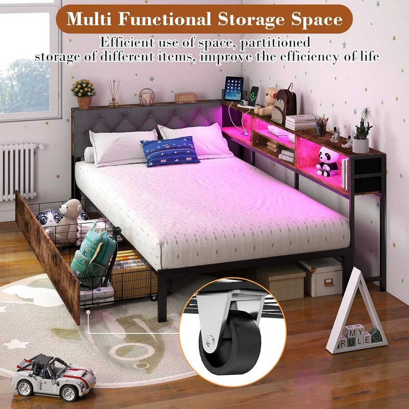 Corner Bed Frame with Storage Bookcase Twin / XL Daybed Kids Bed with Charging gallery