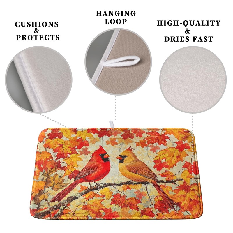Kwlegh Fall Dish Drying Mat: Maple Leaf & Cardinal Bird Microfiber, 18x24" gallery