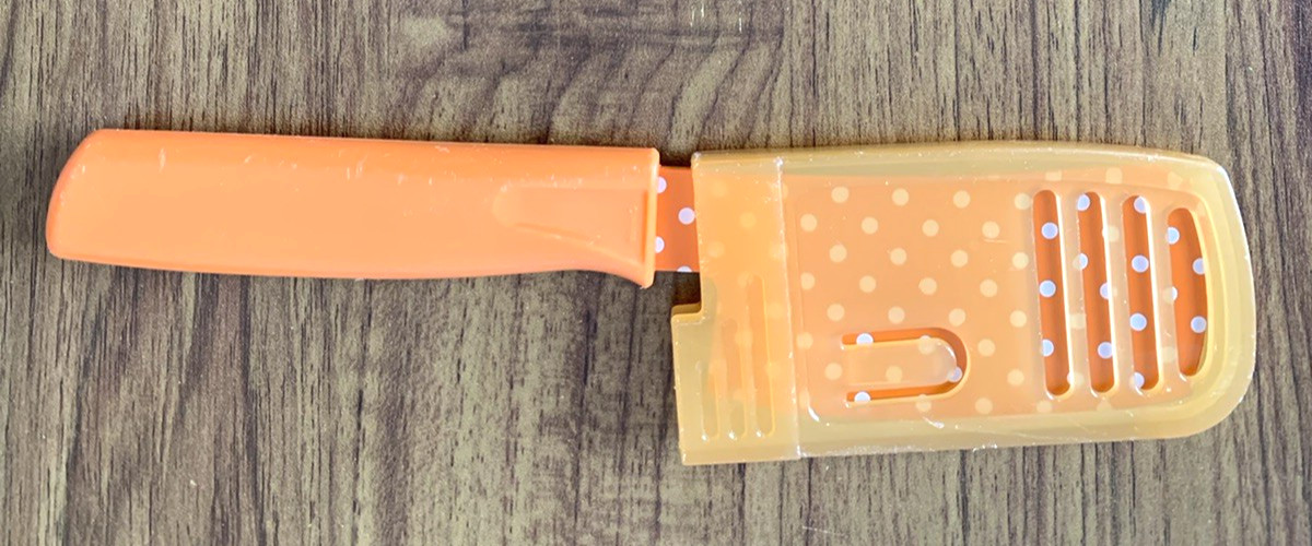 Kuhn Rikon Switzerland Mini Prep Knife Colori 3" Cleaver Orange Polka Dot Sheath gallery