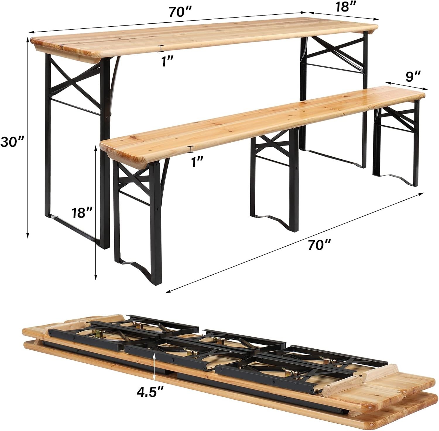 VINGLI70InchFolding Beer Garden TableBenchSet3 Piece Natural Wood for CampingBBQ gallery
