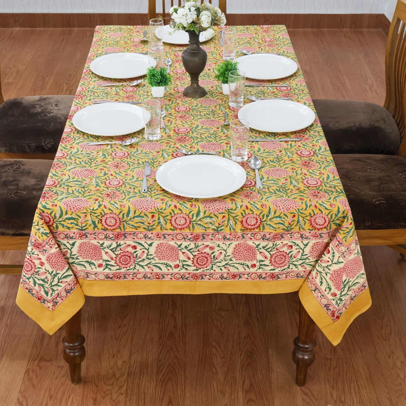Yellow and Pink Indian Hand Block Printed Tablecloth, Floral Table Cover,Gifts gallery