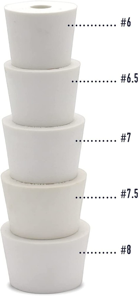 5-Pack Drilled Rubber Stoppers - 6#, 6.5#, 7#, 7.5#, and 8# - One Of Each Size