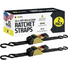 DC Cargo Retractable Ratchet Strap Tie Down Straps w/ S-Hooks 1″ x 10′ 2-pack